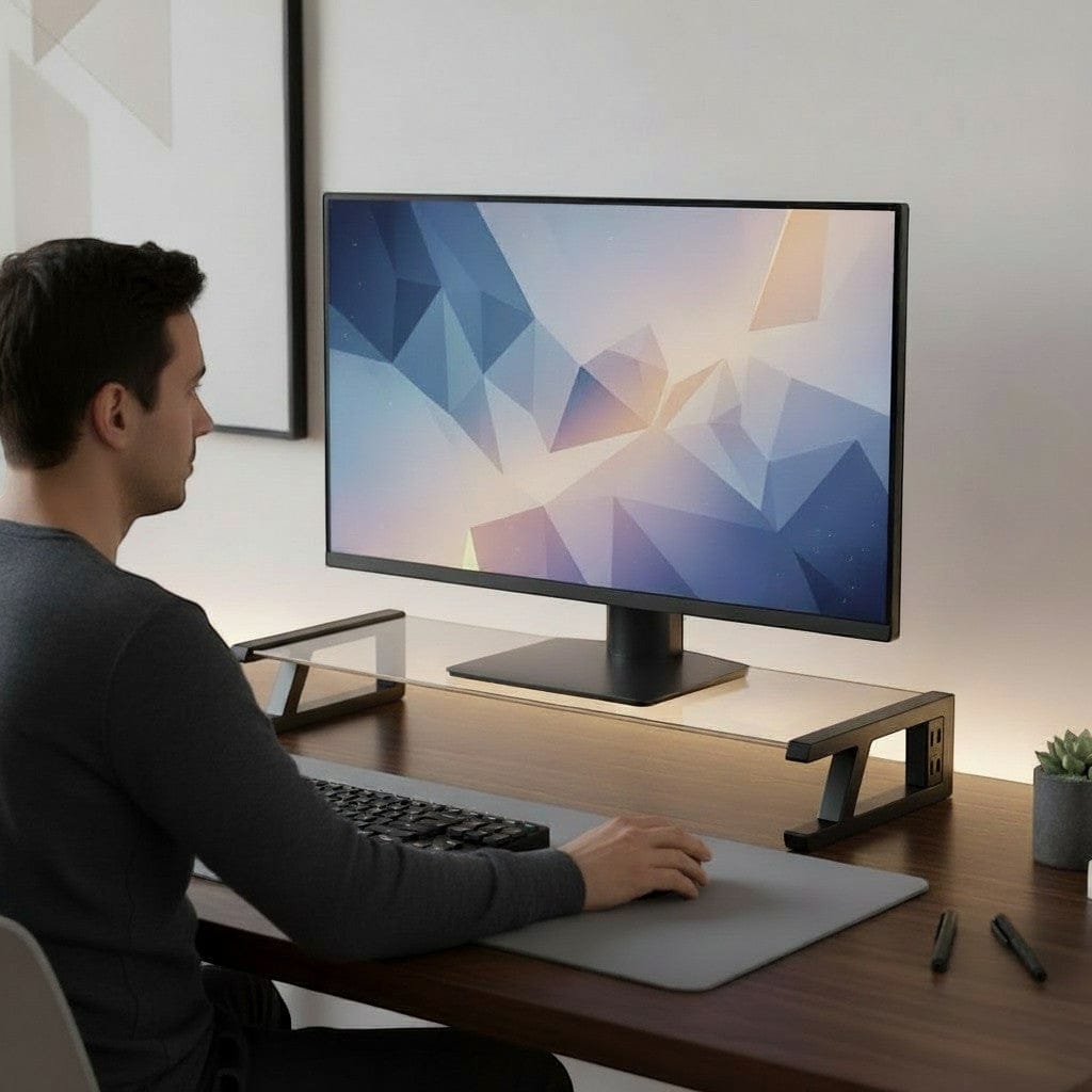 Barre LED d'éclairage d'écran bronze fixée sur moniteur dans un bureau moderne avec étagère noire pot à crayons clavier souris et plante succulente sur tapis de bureau gris