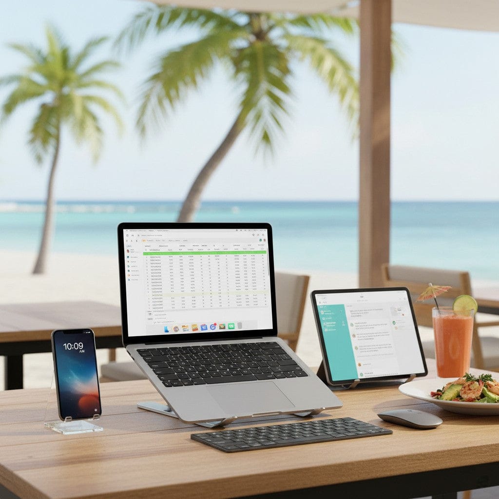 Bureau nomade idéal sur terrasse de plage tropicale avec support laptop, support tablette et stand smartphone, illustrant le télétravail en workation paradisiaque