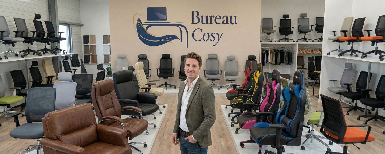 Portrait de Thomas, expert en ergonomie, souriant et debout dans le showroom lumineux de Bureau Cosy. Il est entouré d'une grande variété de chaises de bureau ergonomiques, de fauteuils de direction et de sièges gaming, avec le logo de l'entreprise visible sur le mur du fond.