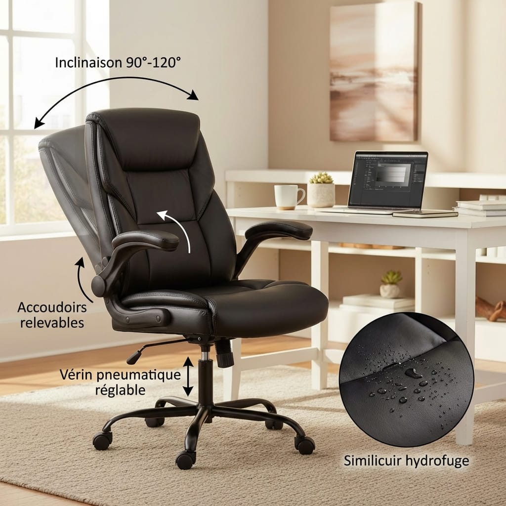 Chaise de bureau ergonomique en simili cuir avec massage et pivotante noir 54 cm Chaise de bureau ergonomique en simili cuir avec massage et pivotante noir 54 cm