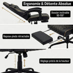 Infographie "Ergonomie & Détente Absolue" montrant le mécanisme de réglage du dossier, du repose-pieds et de la hauteur de l'assise.