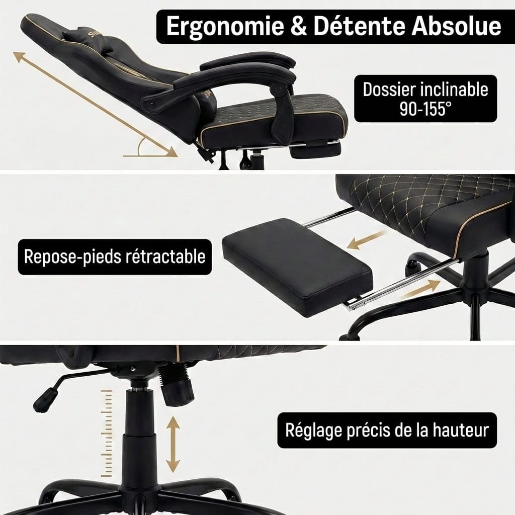 Infographie "Ergonomie & Détente Absolue" montrant le mécanisme de réglage du dossier, du repose-pieds et de la hauteur de l'assise.