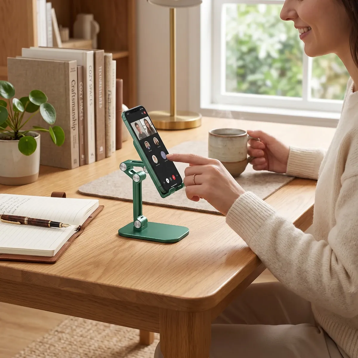 Utilisation en situation réelle du socle pour smartphone ApexFlex Pro dans un bureau cosy, offrant un alignement optique parfait au niveau des yeux pour l'utilisateur.