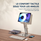 Socle pour tablette tactile Motion360 utilisé sur un bureau professionnel pour un confort tactile absolu.