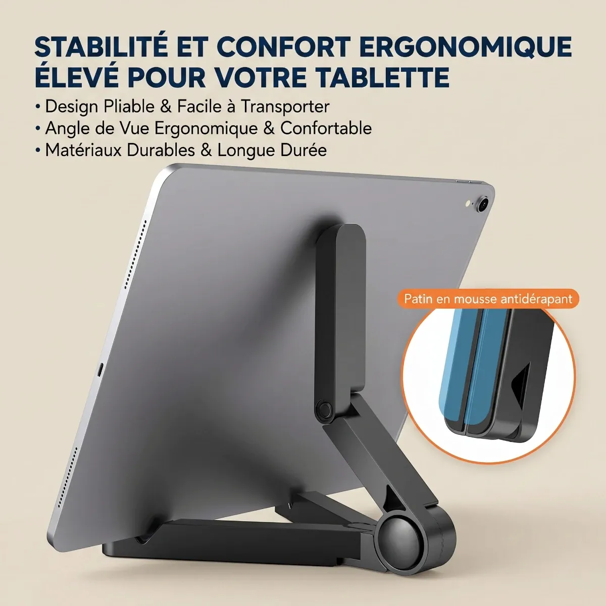 Socle pour tablette tactile TabFlex Pro avec patins antidérapants garantissant une stabilité d'ancrage totale.