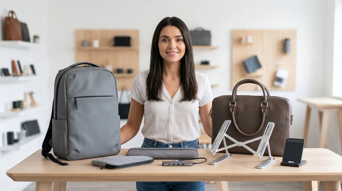 Sophie, experte Bureau Cosy, présentant la gamme d'accessoires pour télétravailleurs urbains (sac à dos ordinateur, porte-documents, support PC et hub USB).