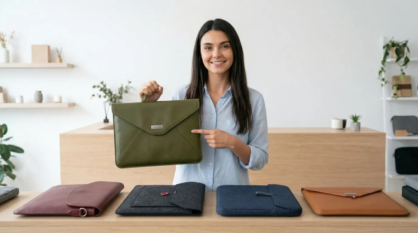 Sophie, experte en maroquinerie Bureau Cosy, présente une sélection de pochettes ordinateur haut de gamme en cuir et feutrine derrière le comptoir d'un showroom.