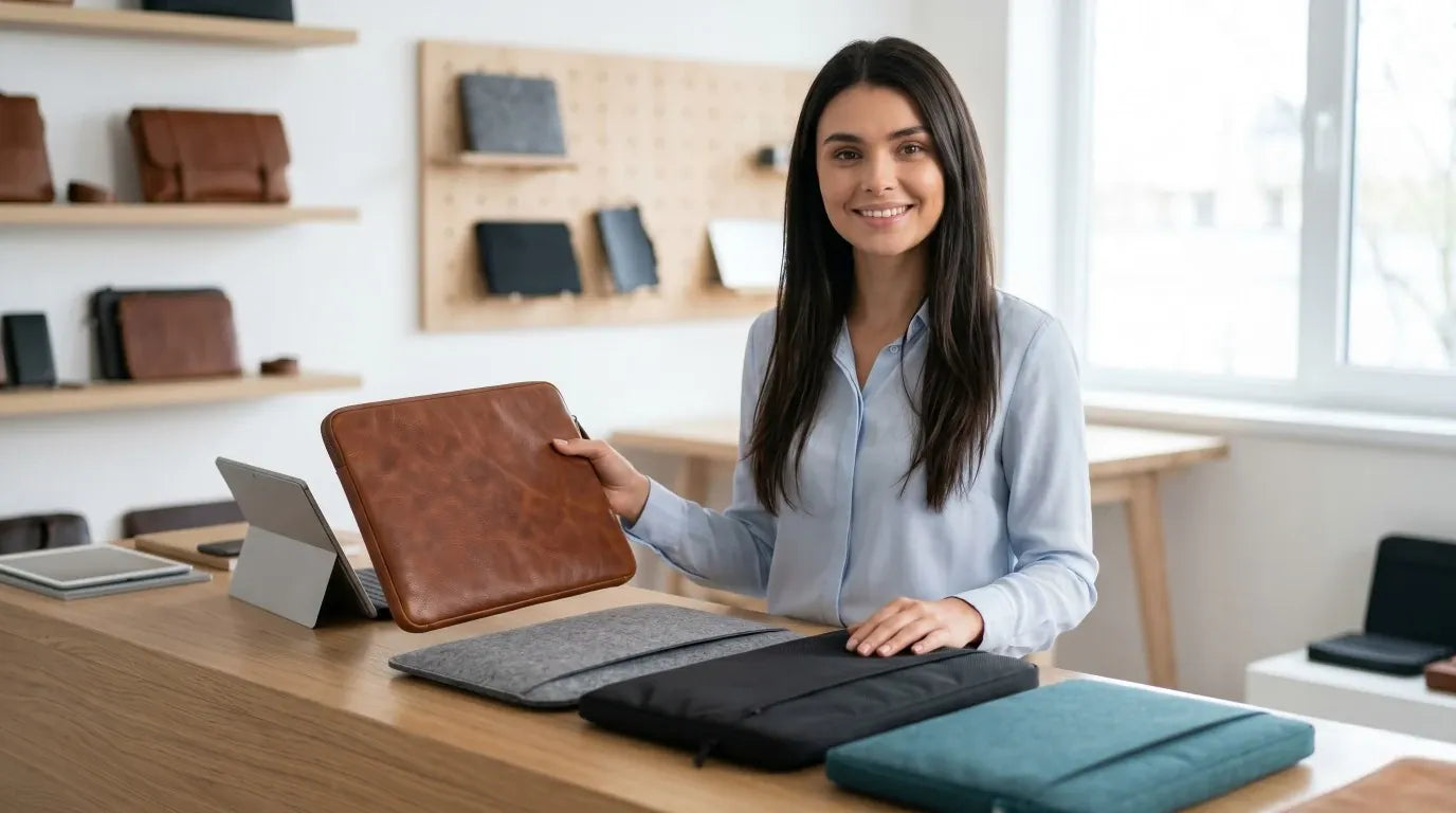 Sophie, experte Bureau Cosy, présente la gamme de housses de protection pour ordinateur portable en cuir marron et textiles techniques derrière le comptoir d'un showroom.