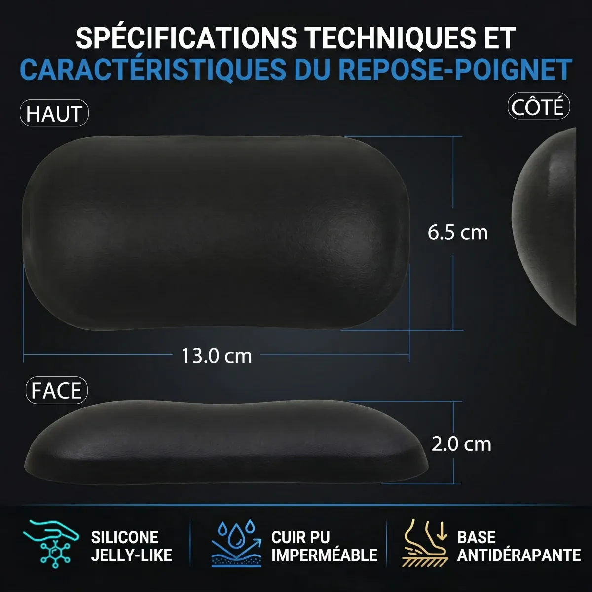 Spécifications techniques et dimensions détaillées du repose-poignet de souris ErgoGlide : 13.0 cm x 6.5 cm x 2.0 cm, silicone jelly-like et cuir PU imperméable.