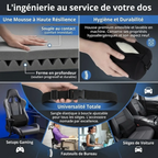 Détails techniques du Spinal Axis : mousse haute résilience, housse lavable et compatibilité siège gaming et voiture.