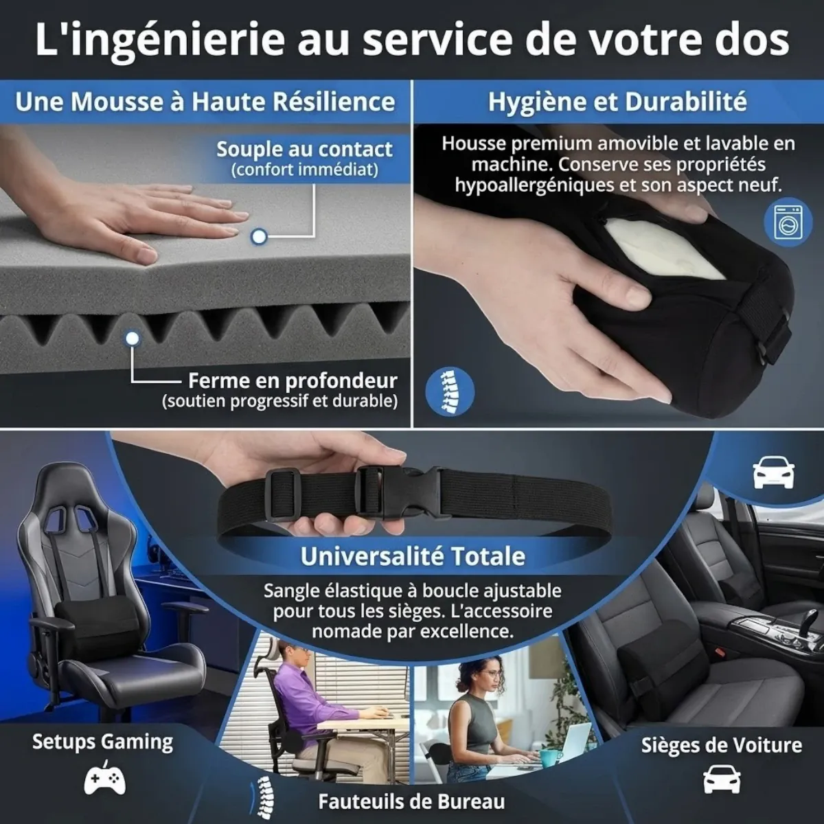 Détails techniques du Spinal Axis : mousse haute résilience, housse lavable et compatibilité siège gaming et voiture.