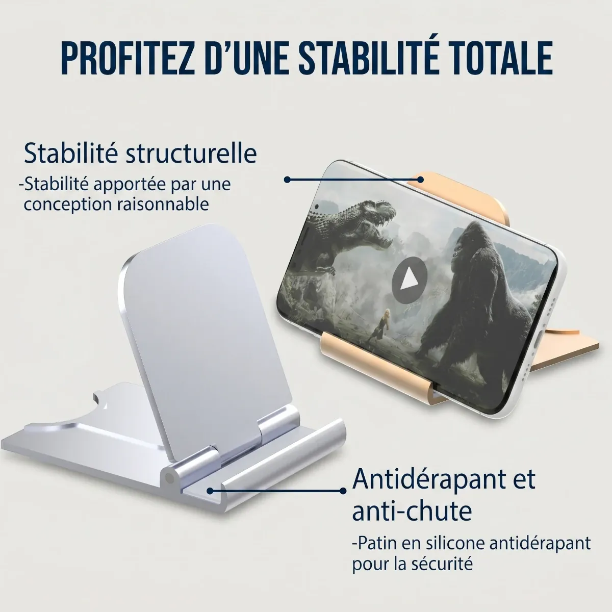 Stabilité totale du support téléphone SlimErgo X avec patins en silicone antidérapants