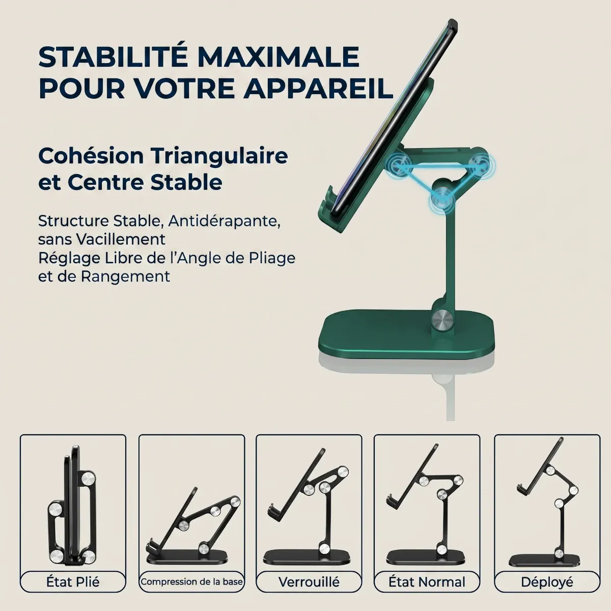 Gros plan sur la station d'accueil minimaliste ApexFlex Pro mettant en avant sa rigidité structurelle maximale et sa cohésion mécanique triangulaire sans vibrations.