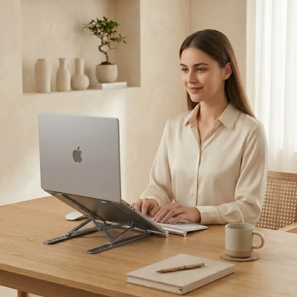 Jeune femme travaillant sans douleur sur sa station de travail pour laptop AeroRise dans un décor chaleureux de style Japandi.