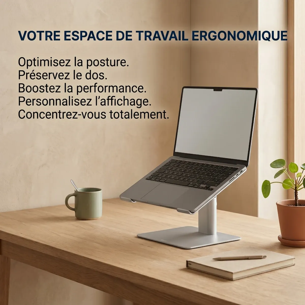 Station de travail pour laptop en acier carbone sur un bureau en chêne clair permettant d'optimiser l'espace et de préserver le dos.