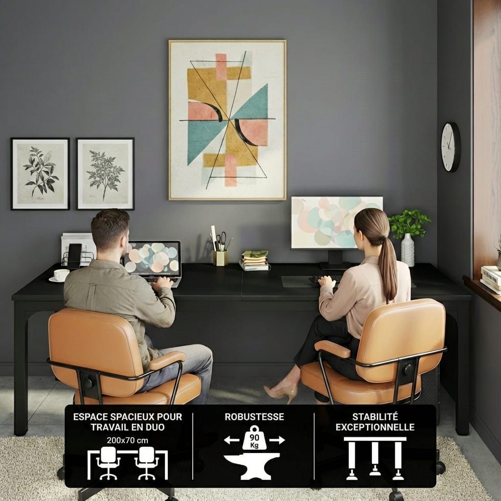 Infographie montrant deux personnes travaillant sur le bureau double de 200 cm avec mention de la charge maximale de 90 kg.
