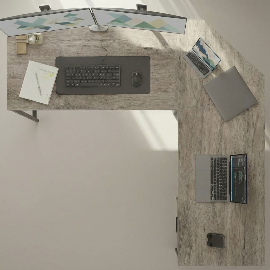 Aménagement complet de la station de travail gain d'espace en L dans un home office lumineux, avec le bureau placé sur un parquet et équipé de plusieurs écrans.