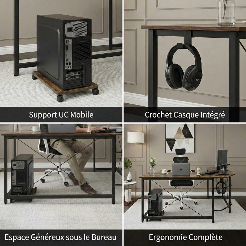 Station de travail gaming avec support unité centrale mobile, crochet pour casque intégré et large espace pour les jambes sous le bureau d'angle.