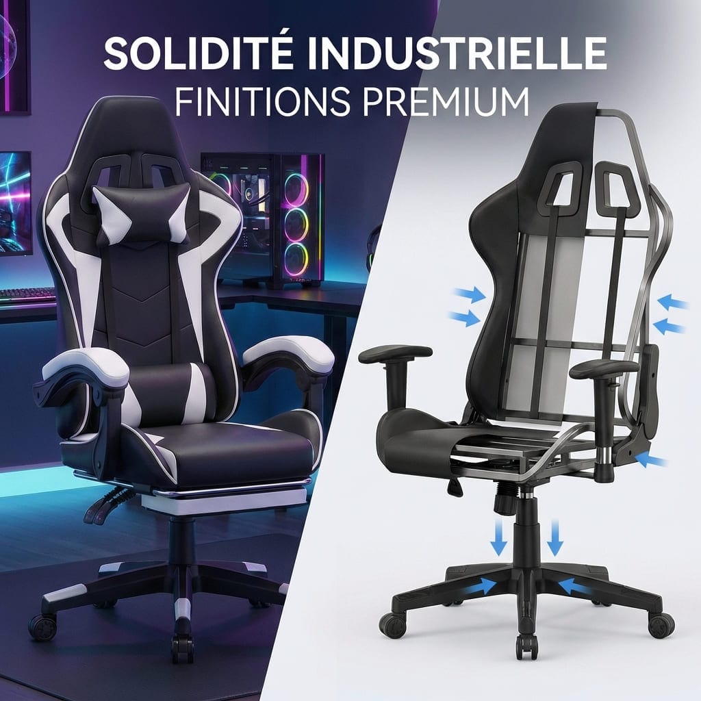 Vue scindée d'une chaise gaming montrant le design extérieur et la structure interne en acier avec son vérin de classe 4 pour une solidité industrielle.