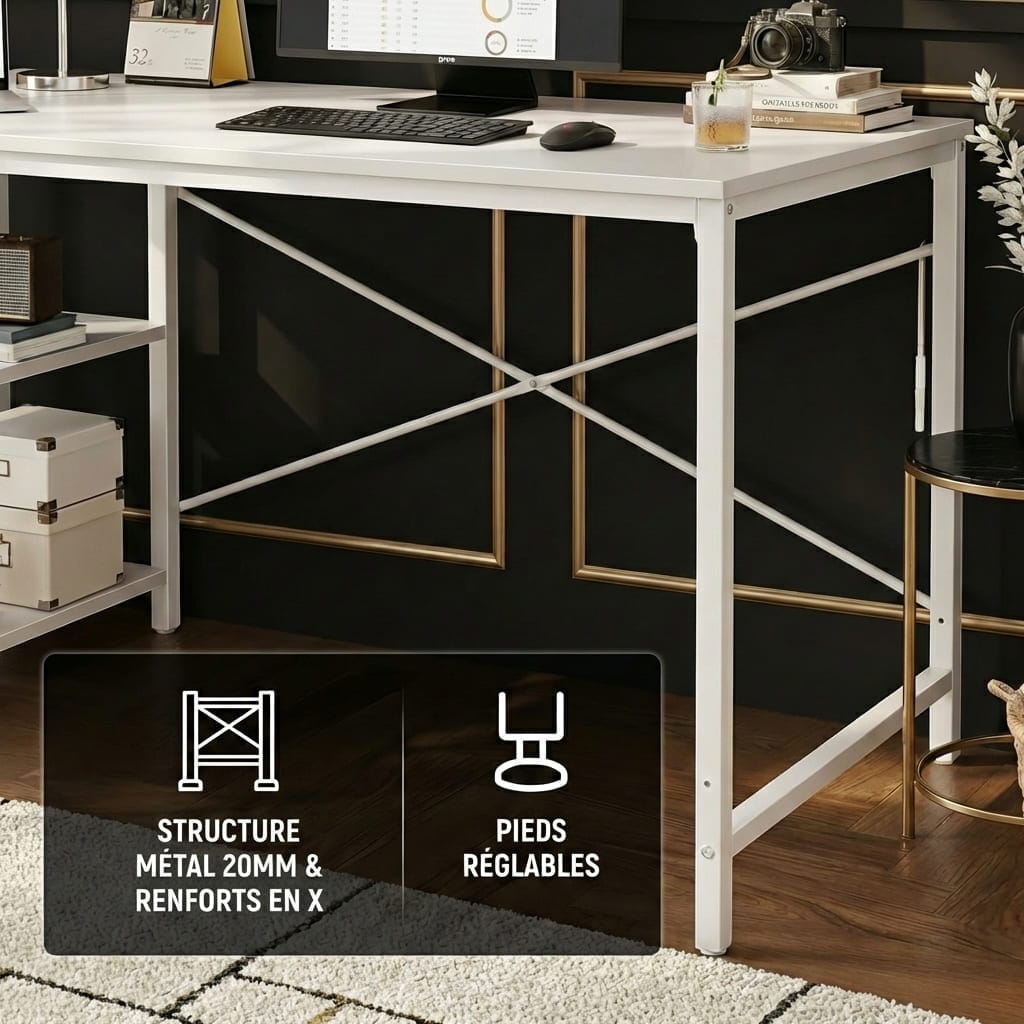 Zoom sur la structure en métal de 20mm avec renforts en X et pieds réglables pour une stabilité totale du bureau.