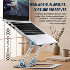 Schéma technique présentant les axes de réglage à 180 degrés et la hauteur maximale de 27cm du support ajustable AeroSteel Pro de Bureau Cosy.