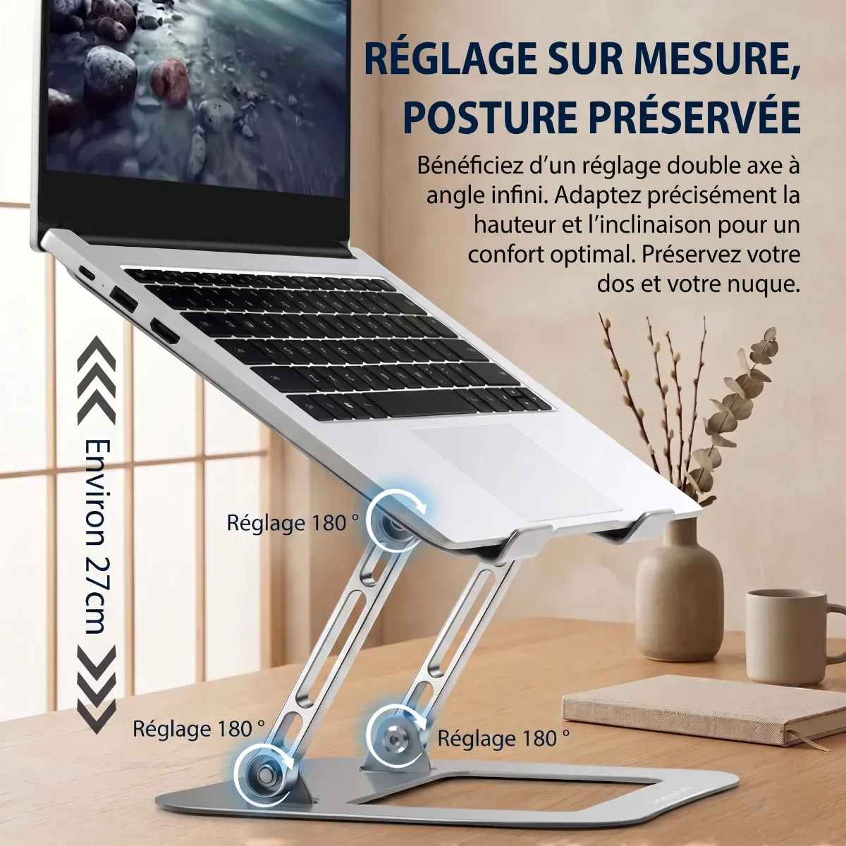 Schéma technique présentant les axes de réglage à 180 degrés et la hauteur maximale de 27cm du support ajustable AeroSteel Pro de Bureau Cosy.