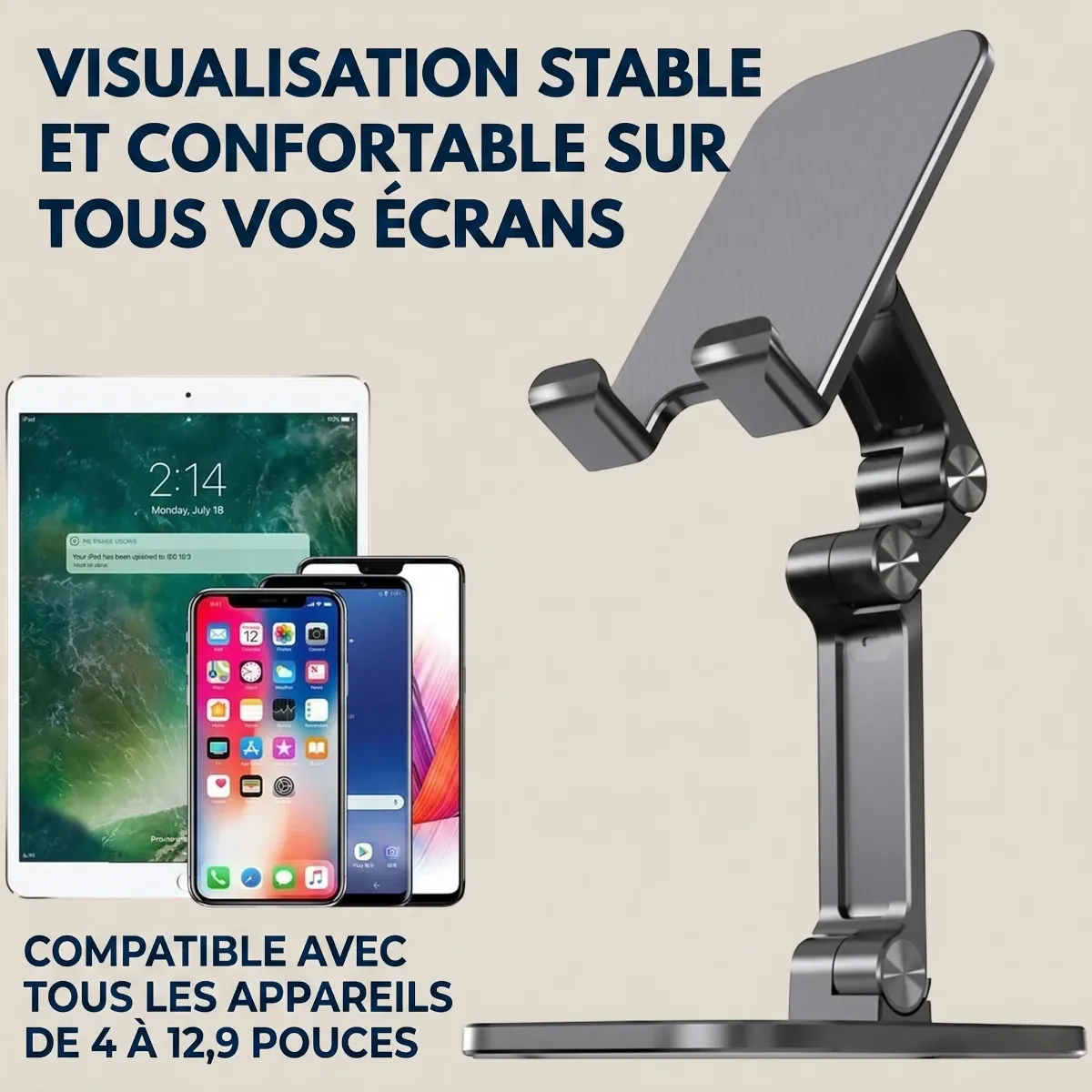 Le support articulé pour portable ApexFlex Pro affichant sa parfaite compatibilité avec tous les smartphones et tablettes tactiles de 4 à 12,9 pouces.