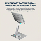 Support articulé pour tablette Motion360 mettant en avant sa base rotative à 360 degrés.