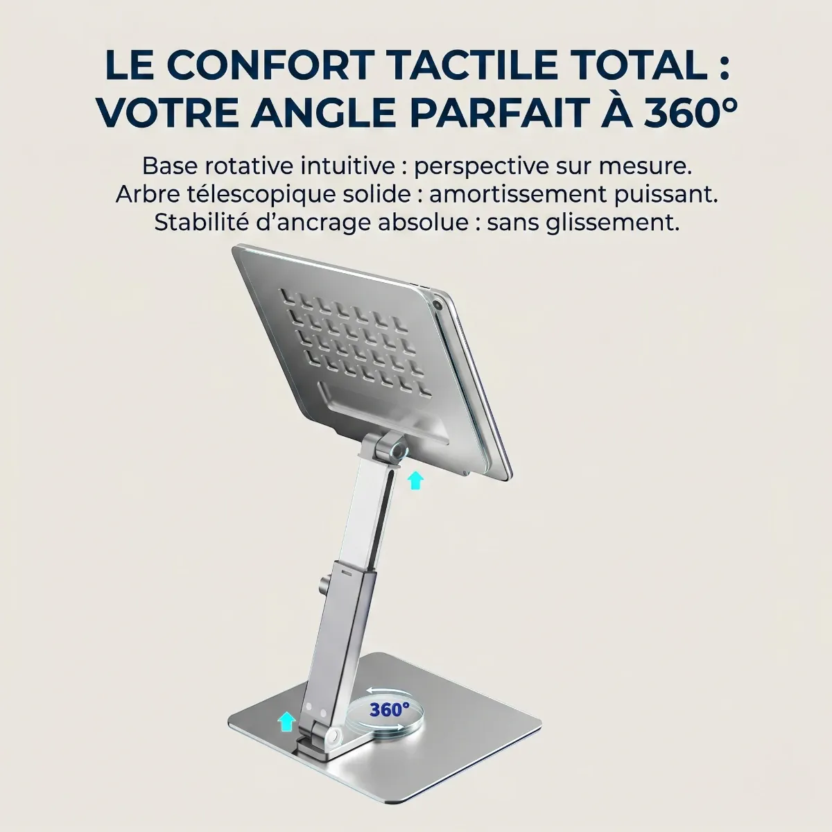 Support articulé pour tablette Motion360 mettant en avant sa base rotative à 360 degrés.