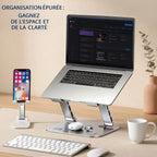 Gain de place et organisation épurée de l'espace de travail avec le support AeroSteel Pro de Bureau Cosy permettant de ranger des accessoires sous le PC.
