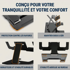 Détails de conception du support de tablette ErgoPad X : maintien sûr, patins en silicone anti-rayures et robustesse.