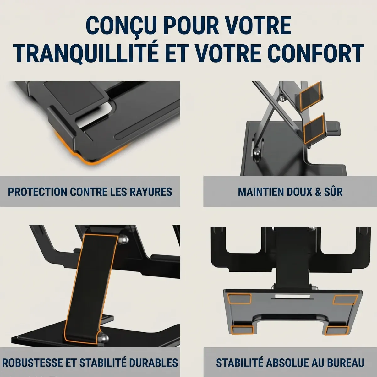 Détails de conception du support de tablette ErgoPad X : maintien sûr, patins en silicone anti-rayures et robustesse.