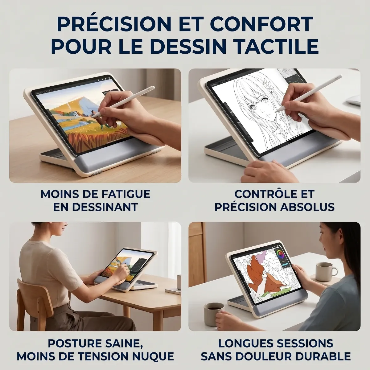 Différents usages ergonomiques du support de tablette Kreativ Pro pour le dessin et la productivité