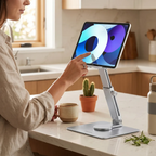 Utilisation du support de tablette Motion360 en cuisine pour suivre une recette confortablement.