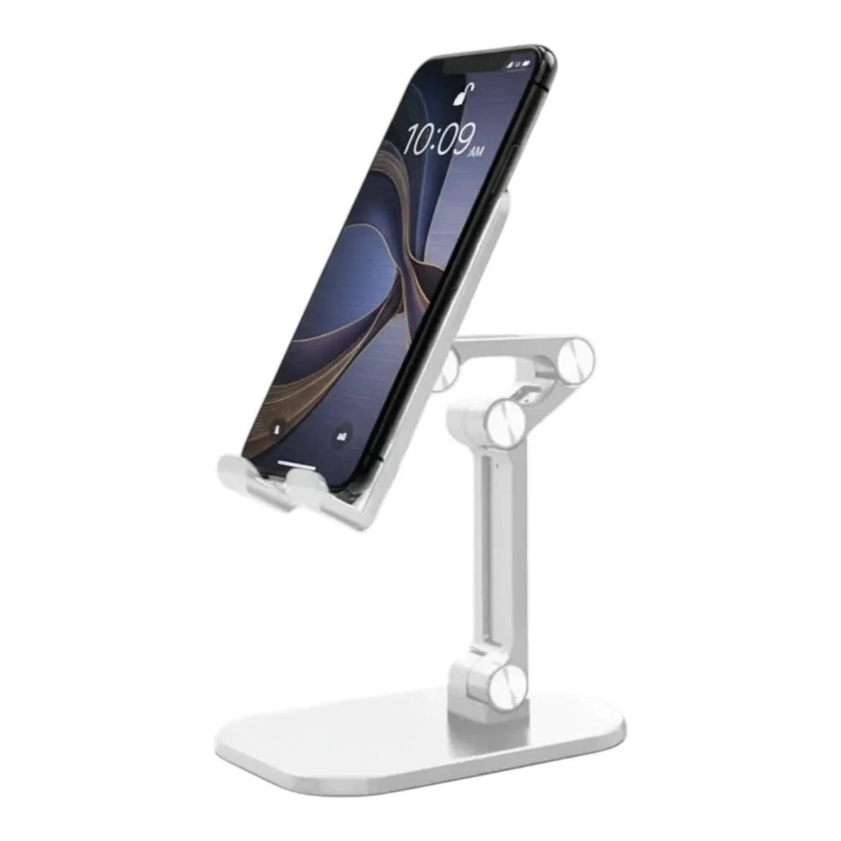 Support de téléphone ApexFlex Pro en polycarbonate pliable blanc, présenté en studio sur fond blanc, idéal comme rehausseur téléphone haut de gamme.