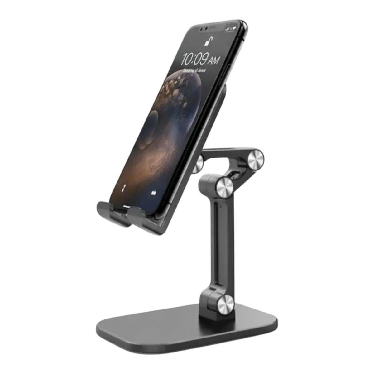 Support de téléphone ApexFlex Pro en polycarbonate pliable noir, présenté en studio sur fond blanc, idéal comme rehausseur téléphone haut de gamme.