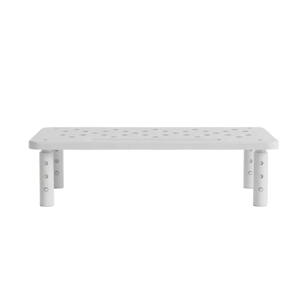 Vue frontale du support d'écran SteelElevation X3 en version blanc polaire avec pieds télescopiques.