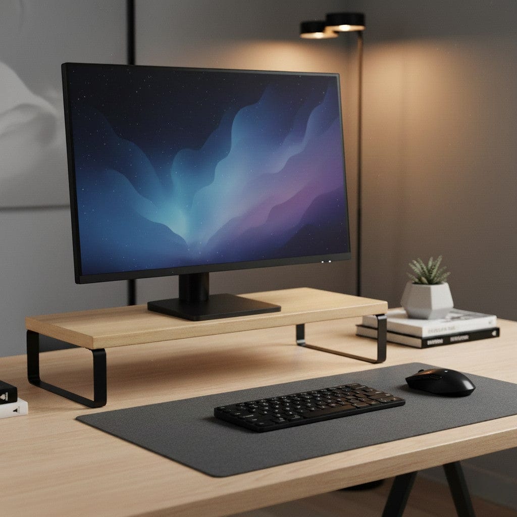 Support Écran Bureau 40cm avec Rangement - Réhausseur Ordinateur Bois et Métal