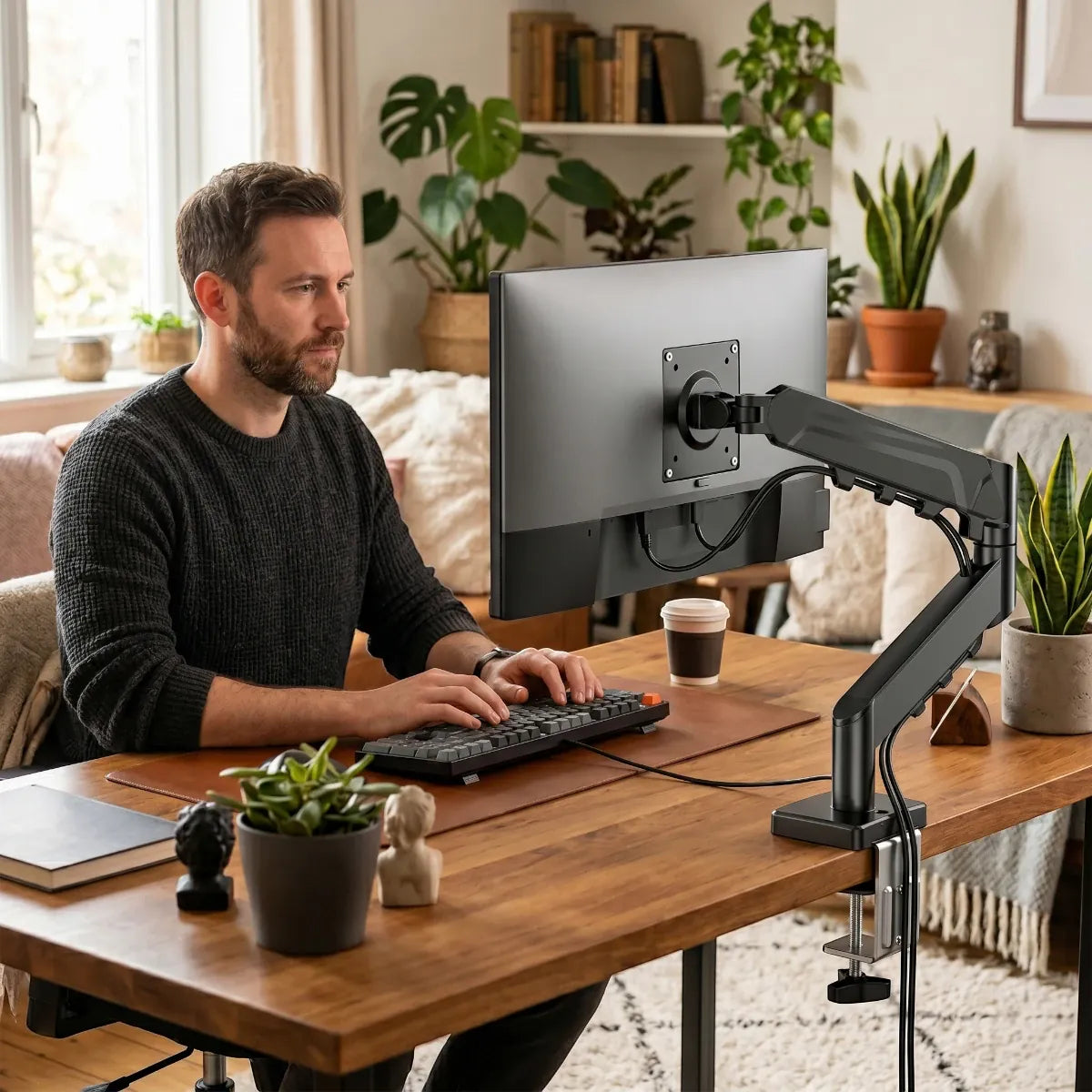 Homme travaillant avec une posture ergonomique grâce au support écran bureau ZenMotion Pro dans un setup cosy.