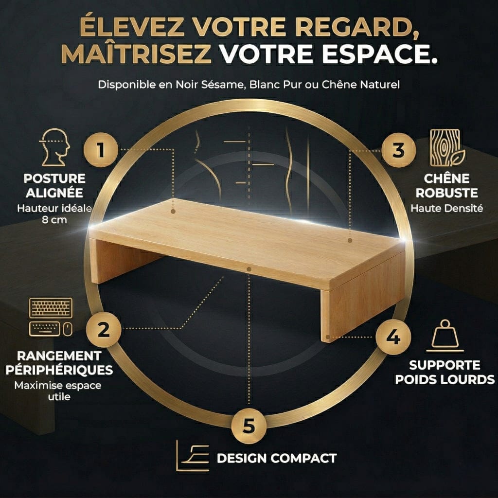 Infographie des points forts du Oak 8 : posture alignée, rangement sous écran, chêne robuste et support poids lourds.