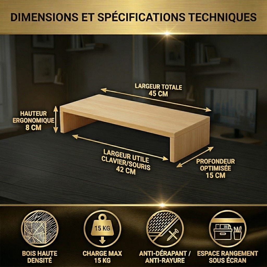 Infographie technique du Support écran Oak 8 : hauteur ergonomique 8cm, largeur 45cm et profondeur optimisée 15cm.