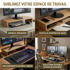 Mosaïque d'utilisation du Support écran Oak 8 : espace apaisant, outils à portée de main et solution double écran.