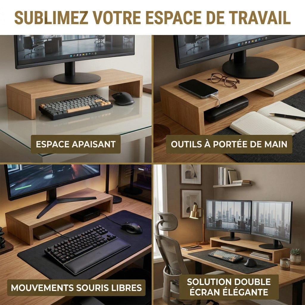 Mosaïque d'utilisation du Support écran Oak 8 : espace apaisant, outils à portée de main et solution double écran.
