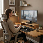Femme travaillant sur un bureau avec le Support écran Oak 8, clavier mécanique et souris verticale pour une posture parfaite.