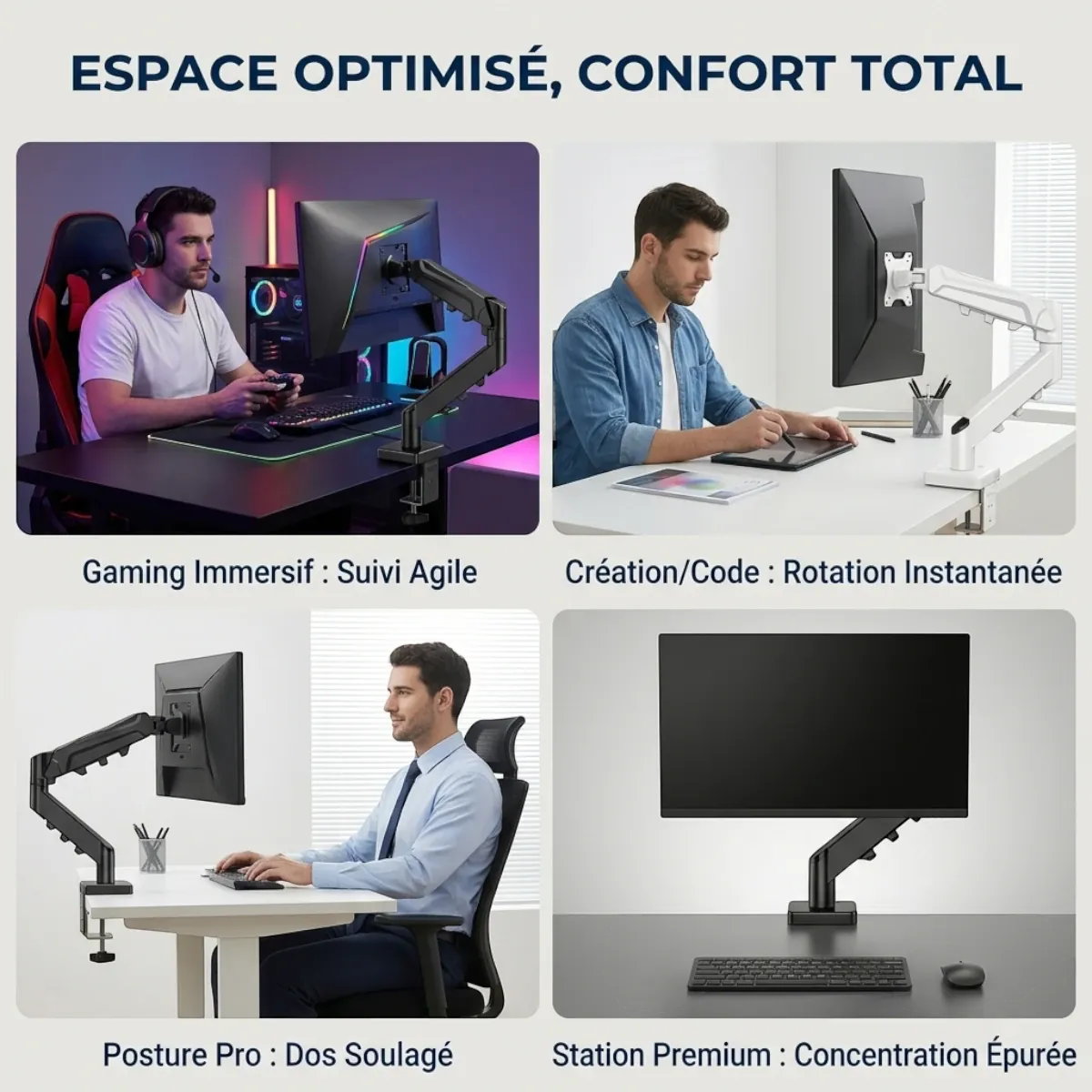 Quatre cas d'utilisation du support écran ordinateur ZenMotion Pro : gaming immersif, création, bureautique et station premium.