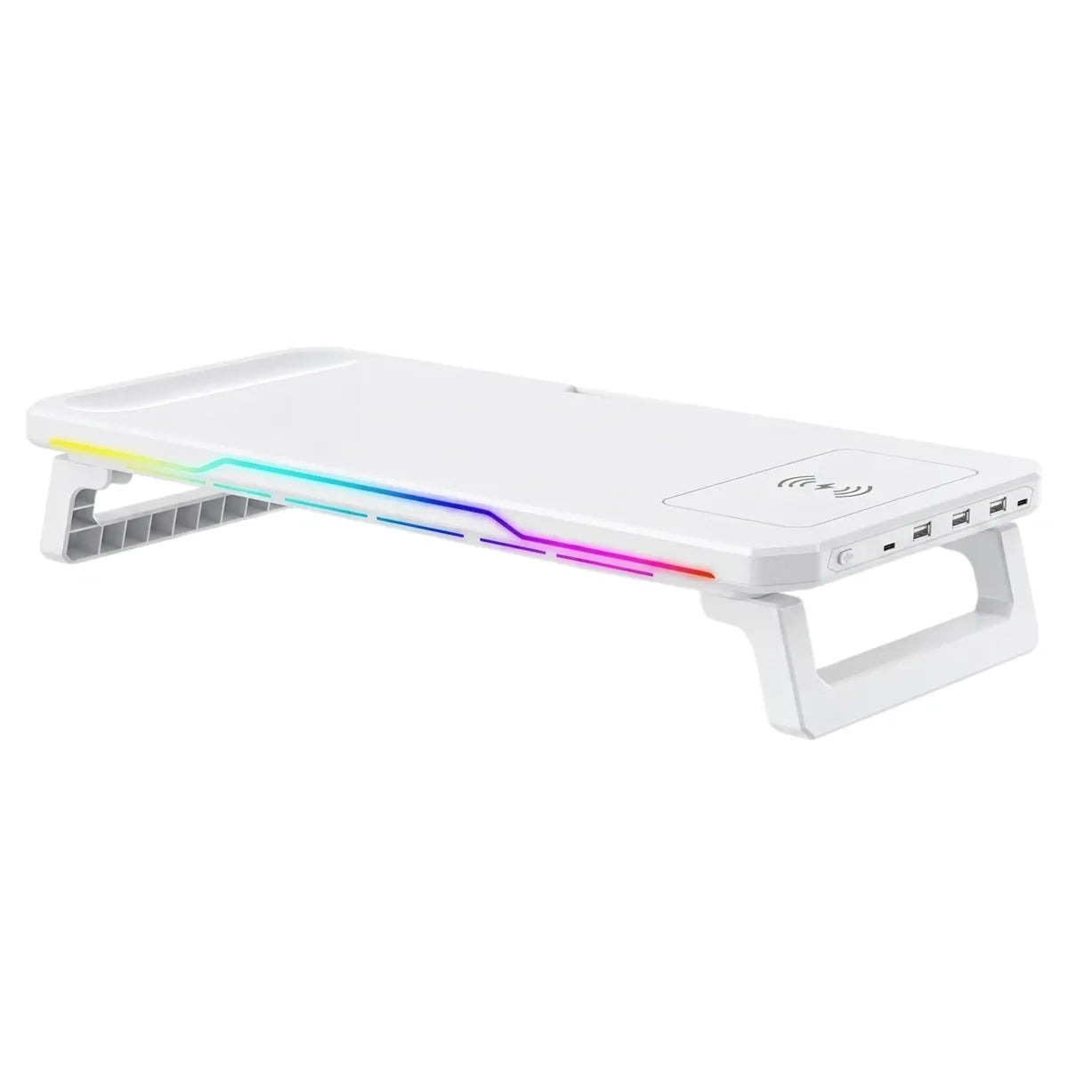Support écran pc blanc CosyGlow Pro sur fond blanc avec rétroéclairage RGB activé.
