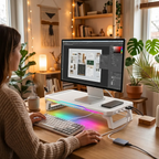 Setup de télétravail avec une femme utilisant le support écran pc ergonomique CosyGlow Pro.