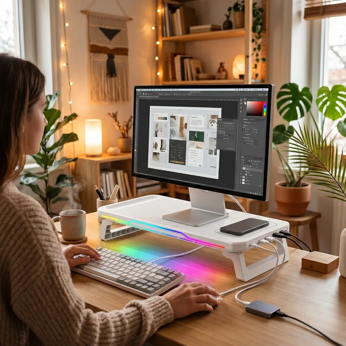 Setup de télétravail avec une femme utilisant le support écran pc ergonomique CosyGlow Pro.