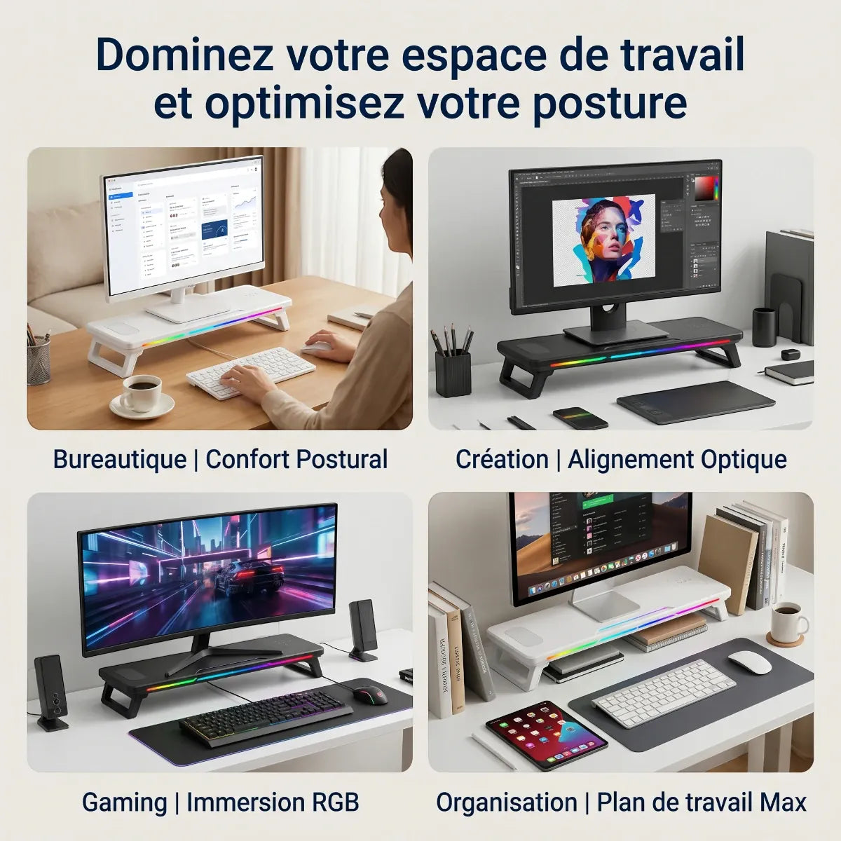 Les 4 configurations de bureaux (Gaming, Création, Bureautique) avec le support écran pc CosyGlow Pro.