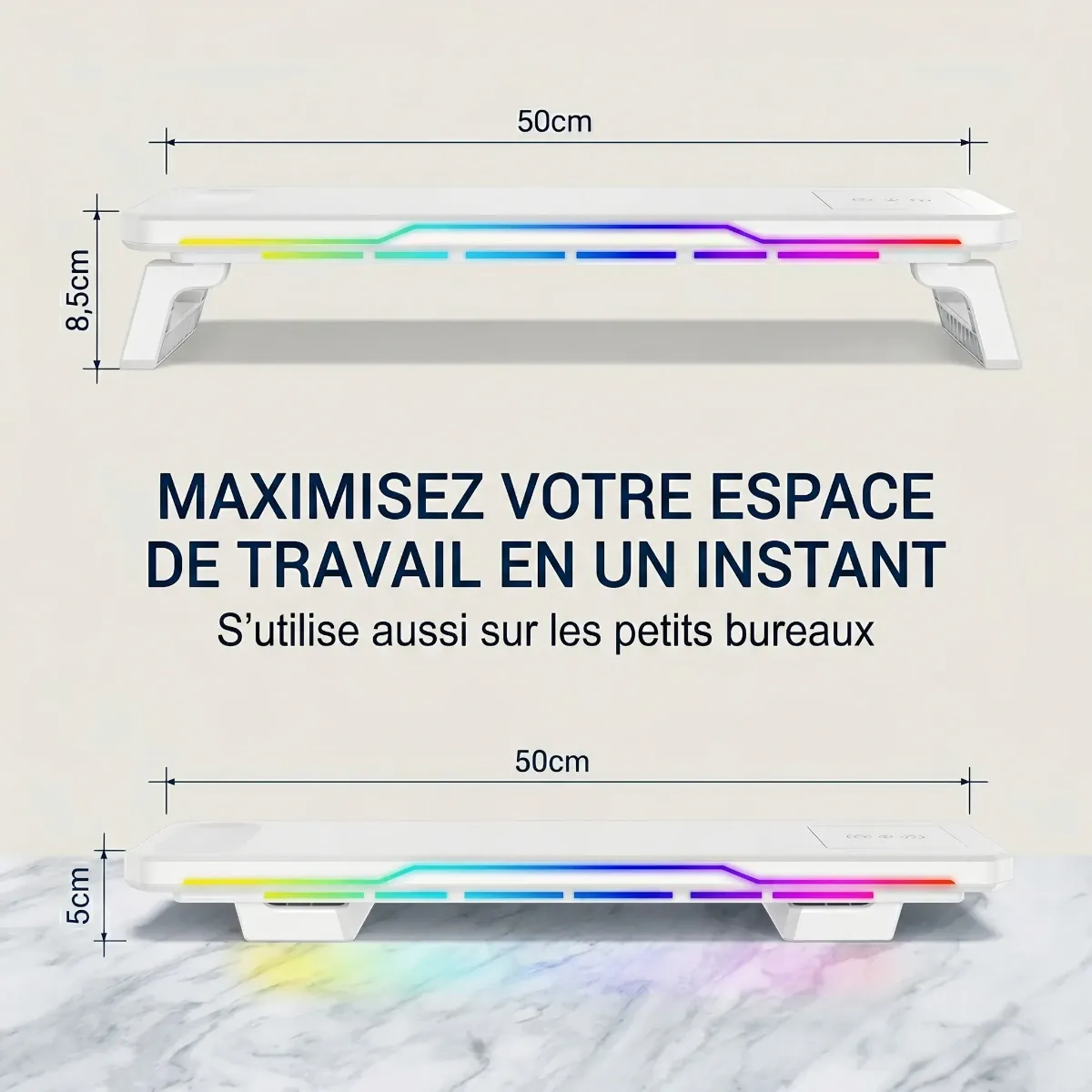 Schéma des dimensions exactes en cm du réhausseur et support écran pc de bureau CosyGlow Pro.